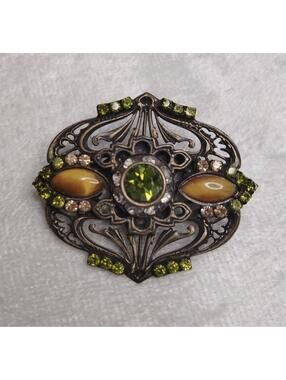 Vintage Signed SORRELLI Art Deco Style Bronzed Rhinestone Brooch Pin